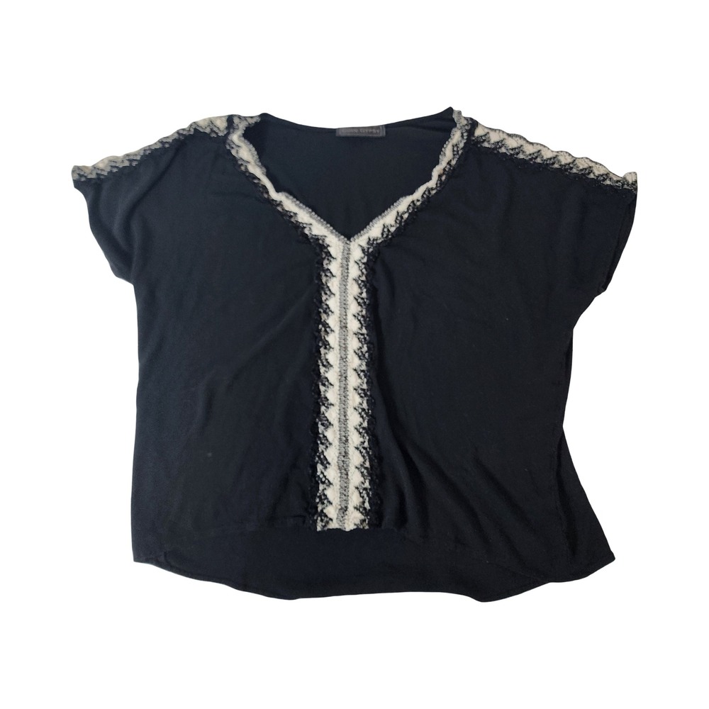 Coin Gypsy Womens Black Crochet Trim V-Neck Short Sleeve Rayon Blouse M T2042